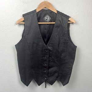 Posted Black Leather Vest Double Pointed Hem Button Up Western Rocker Vintage L